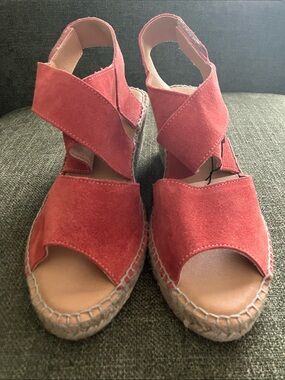 CAMO Red Suede Espadrille Wedge Sandals with Cross-Strap Slingback